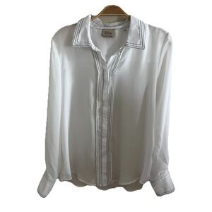 Elie Tahari Semi Sheer White Blouse with Black Embroidered Stitch Sz Large‎